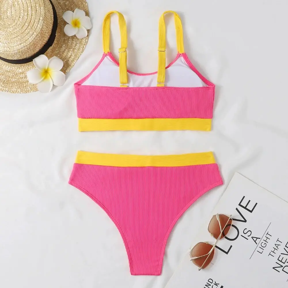 Bañador de cintura alta para mujer, conjunto de Bikini de corte alto, traje de baño Sexy para mujer, ropa de playa unicolor para verano 2024