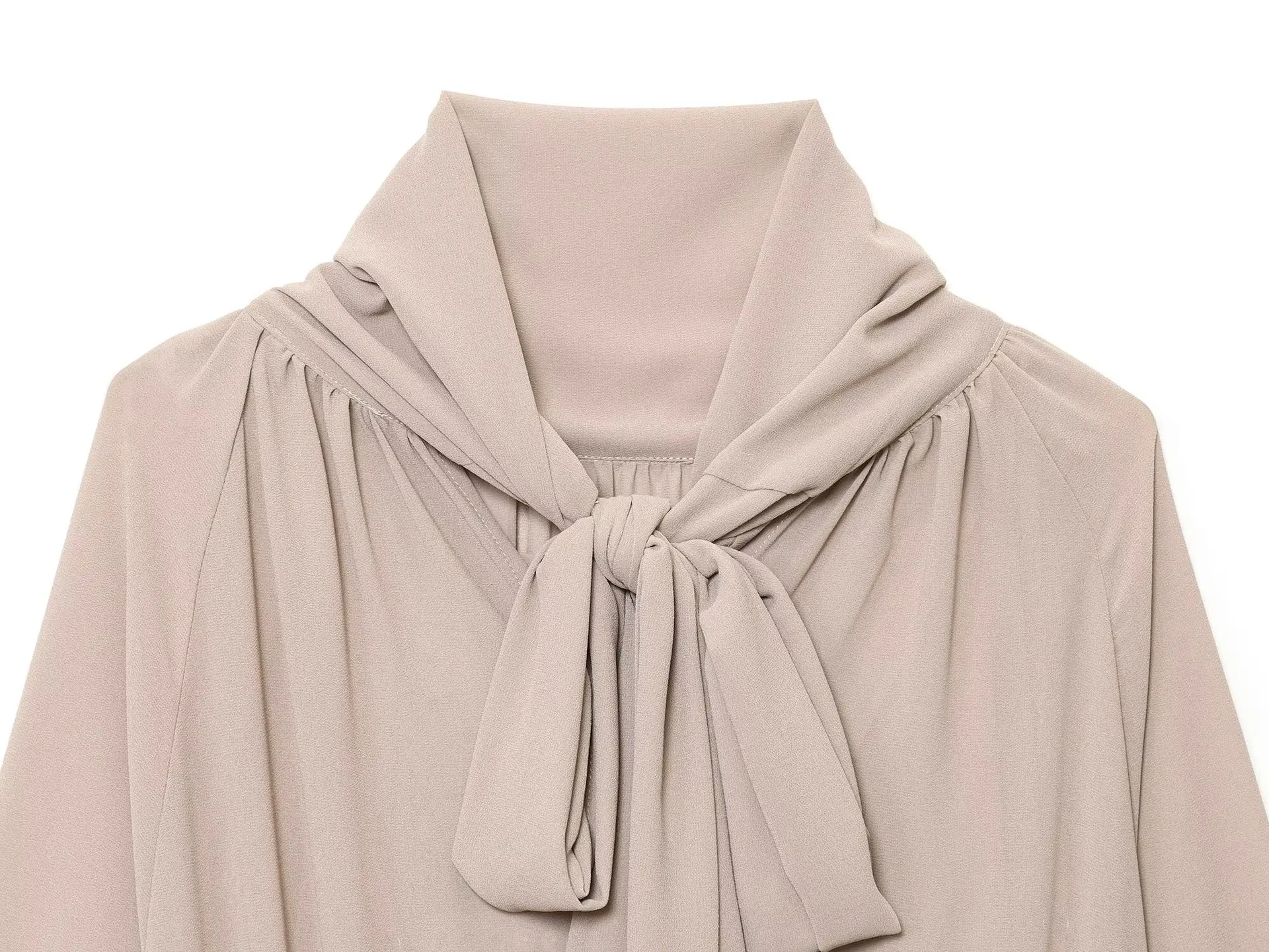 Herbst Frühling Damenmode Elegantes Büro-Bowknot-Kleid Lockerer Alltag Beige Chiffon-Hemdrock mit Rüschensaum