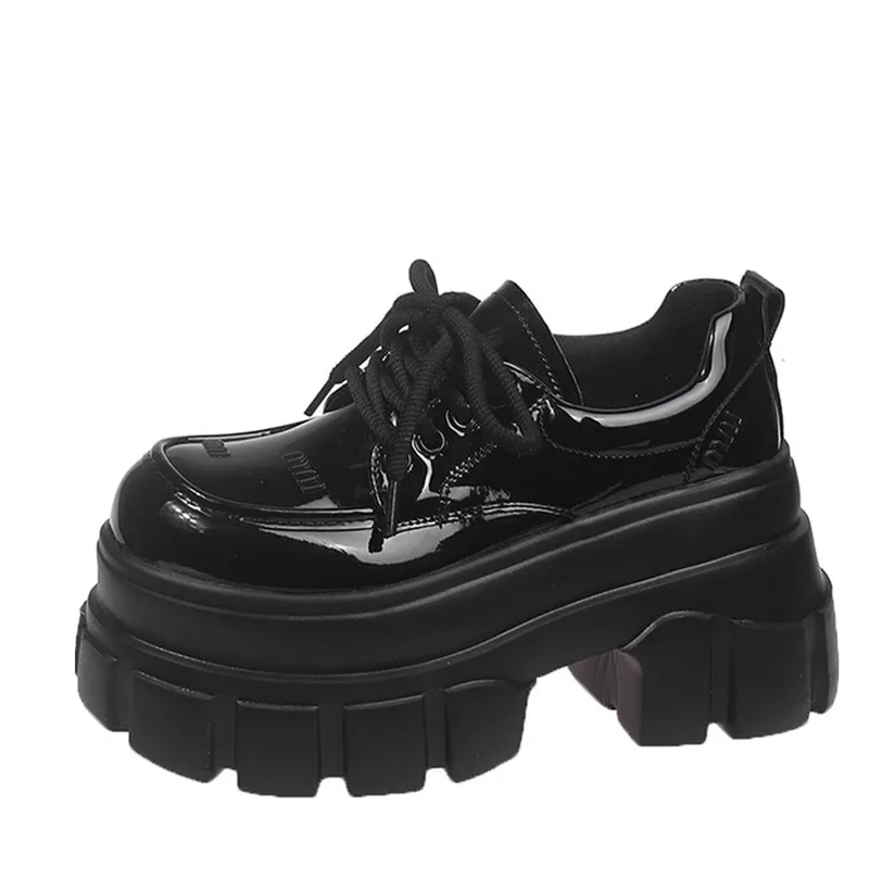 

Spring Summer British Shoes Women Patent Leather Platform Shoes High Platform Chunky Heel Pumps 8CM Zapatos De Mujer