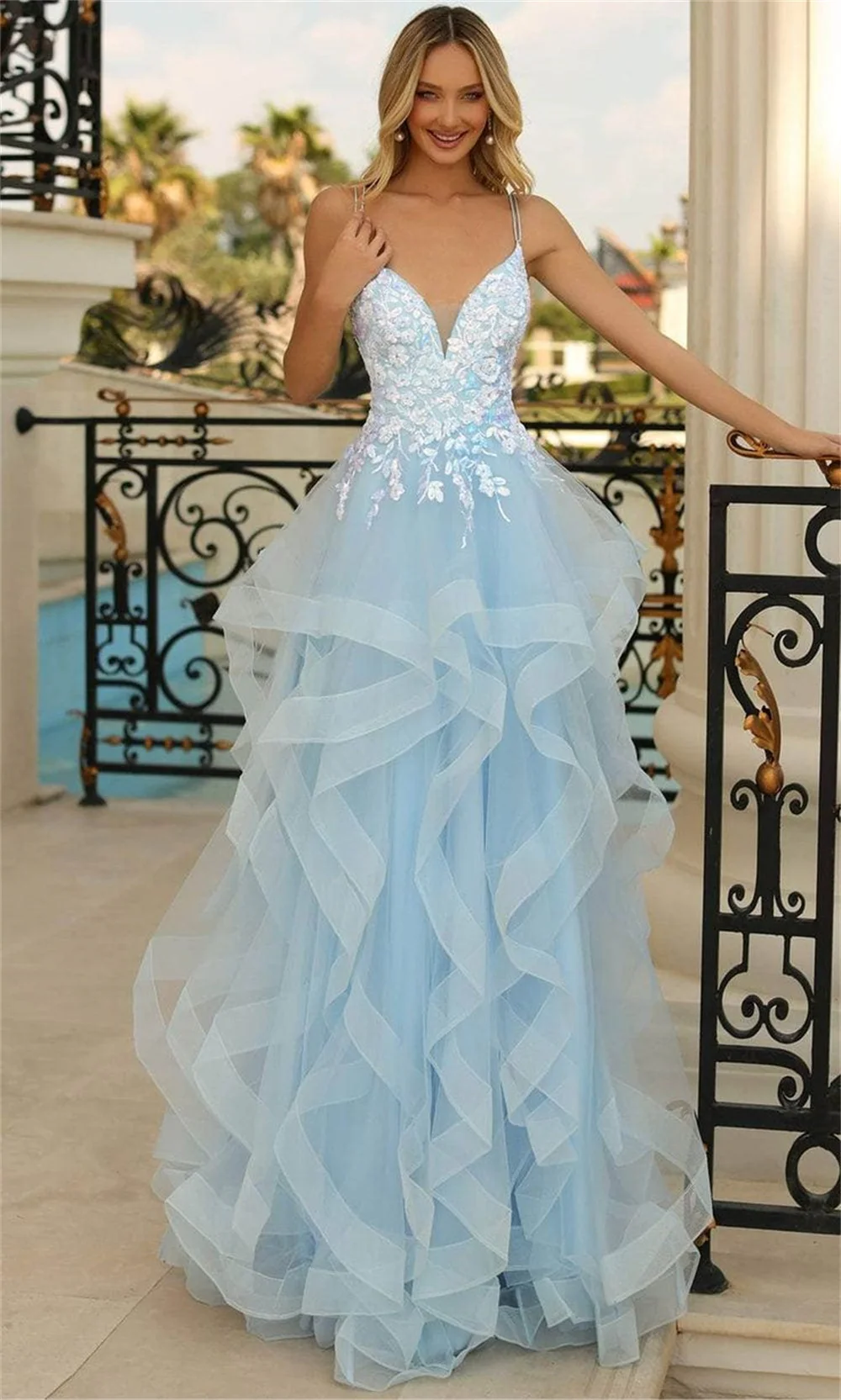 Amanda Light Blue vestidos de noche Edge Curl Tulle Spaghetti Strap Prom Dresses Elegant Sleeveless Floor-Length Formal Evening