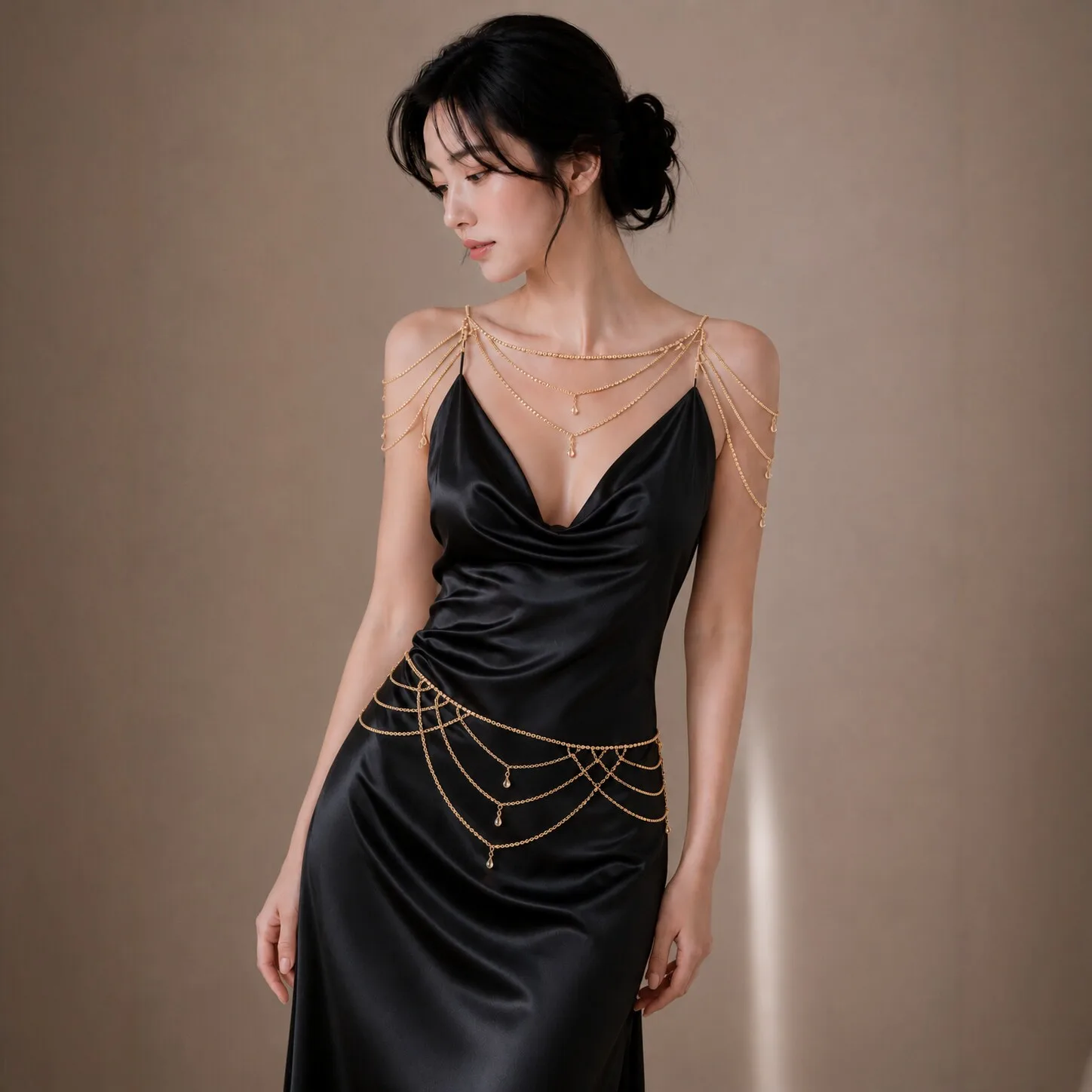 Elegant Gold Shoulder Chain Harness Layered Draping Body Jewelry Set Belt Accent For Evening Gown Nightclub Party Outfit