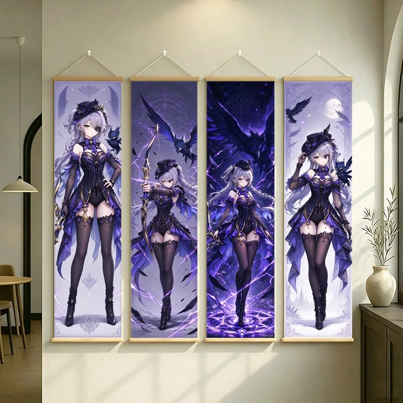 Hanging Scroll Wall Art of Genshin Impact Fischl in Dark Violet Fantasy on Silver Shimmer Canvas for an Anime Bedroom