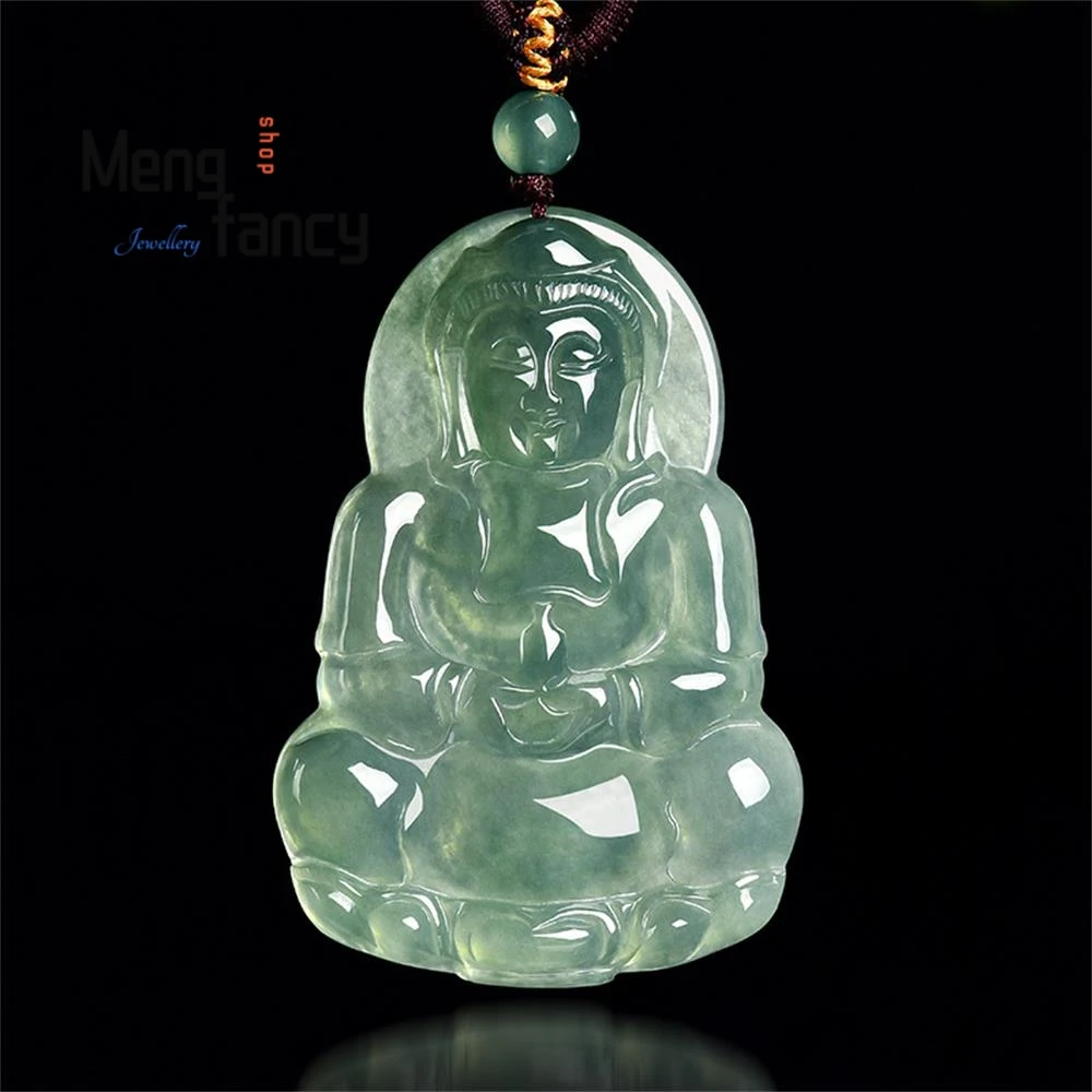 

Natural Myanmar A-grade Jadeite Guanyin Bodhisattva Ice Seed Oil Green Pendant High-end Popular Fashion Jewelry Buddhist Amulets