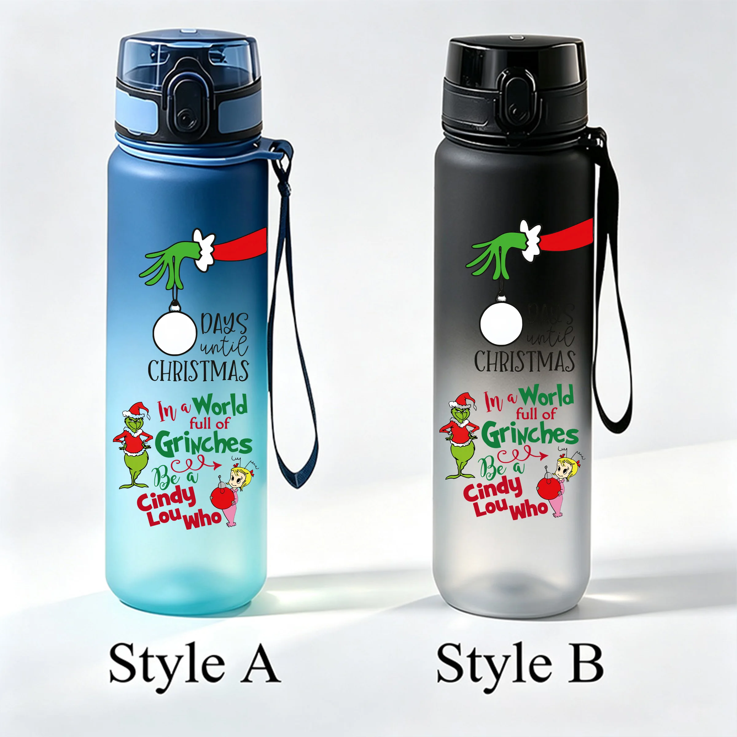 650ml The Grinch Christmas Bouncing Lid Water Cup, Gradient Frosted Leak‑proof Portable Sports Drinking Bottle with Lanyard