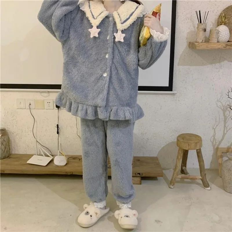 2024 New Coral Velvet Pajamas Women Autumn Winter Loungewear Plus Velvet Padded Sleepwear Cute Plush Doll Collar Homewear Suit