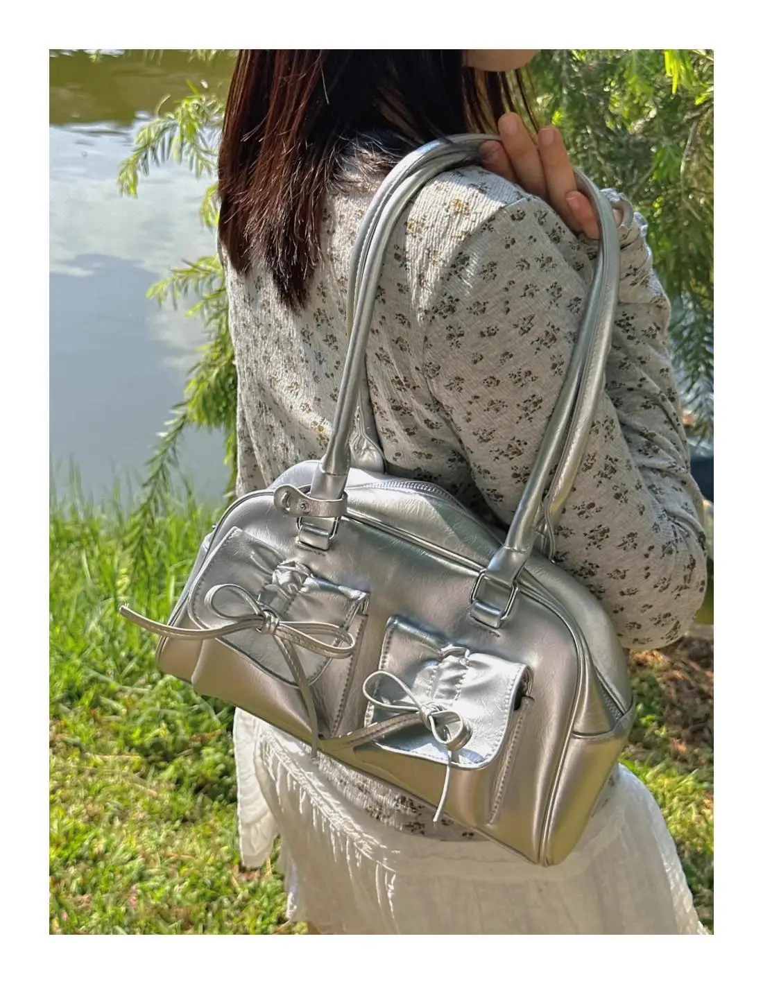 JIAERDI Bow Silver Bowling Bag Women Fairycore Aesthetic Leather Pockets Underarm Bag Purse Female Harajuku Sweet Cool Y2k Bags