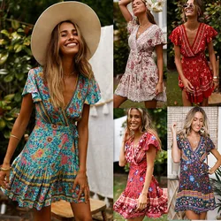 Women's S-XL size New Summer V-neck Sexy Bohemian Printed Dress Short Skirt Lace up Women's Wear Women's dress Bohemian wind