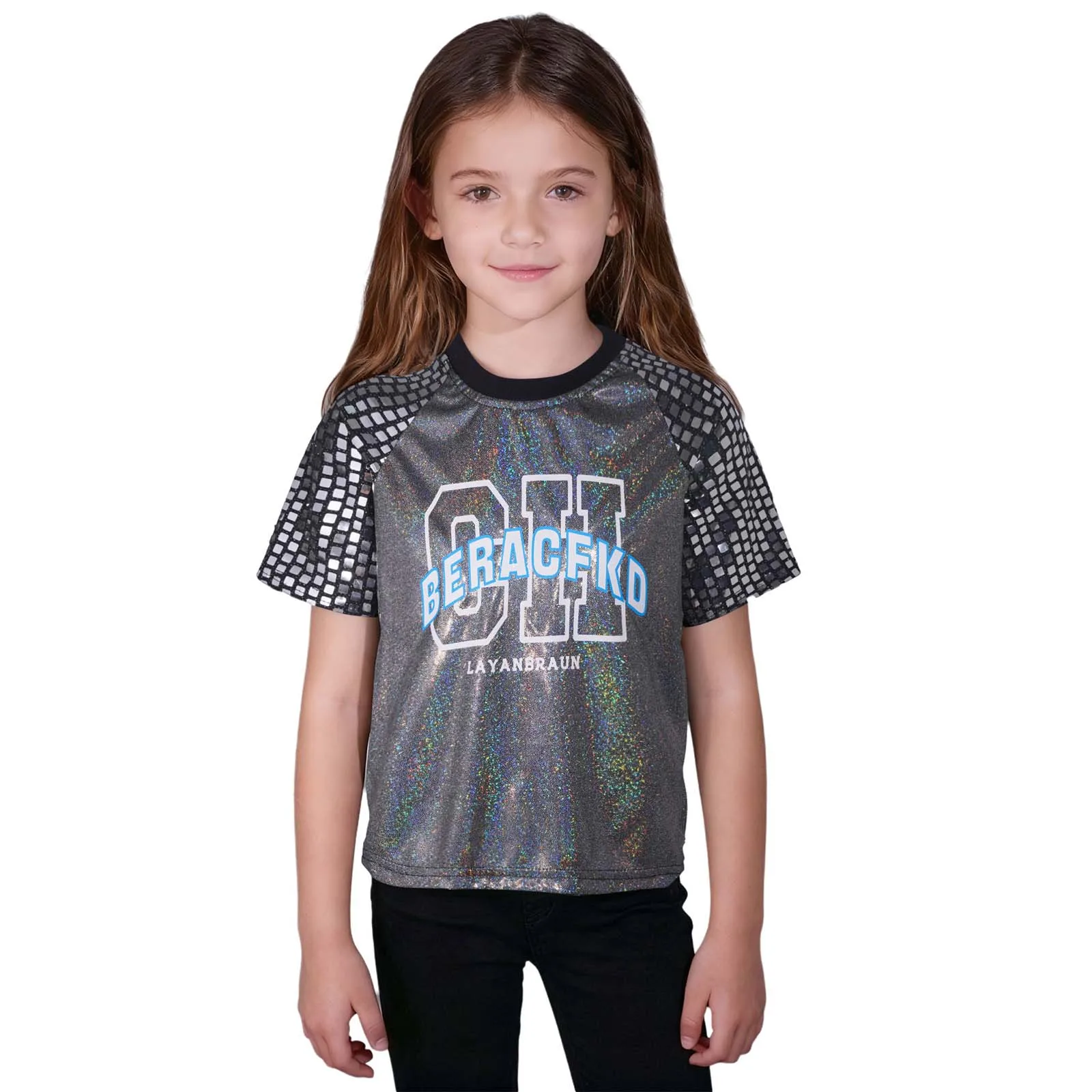 Unisex Kids Girls Boys Cheerleading Dance Tops Hip Hop Jazz Street Dance Costume Shiny Plaid Sequins Short Sleeves Metallic Tops