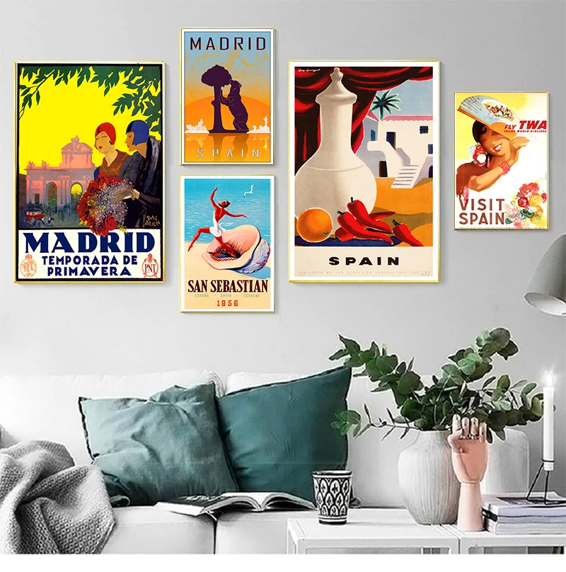 Spain Madrid San Sebastain Travel Canvas Painting Vintage Wall Kraft Posters Coated Wall Stickers Home Decorative Pictures Gi