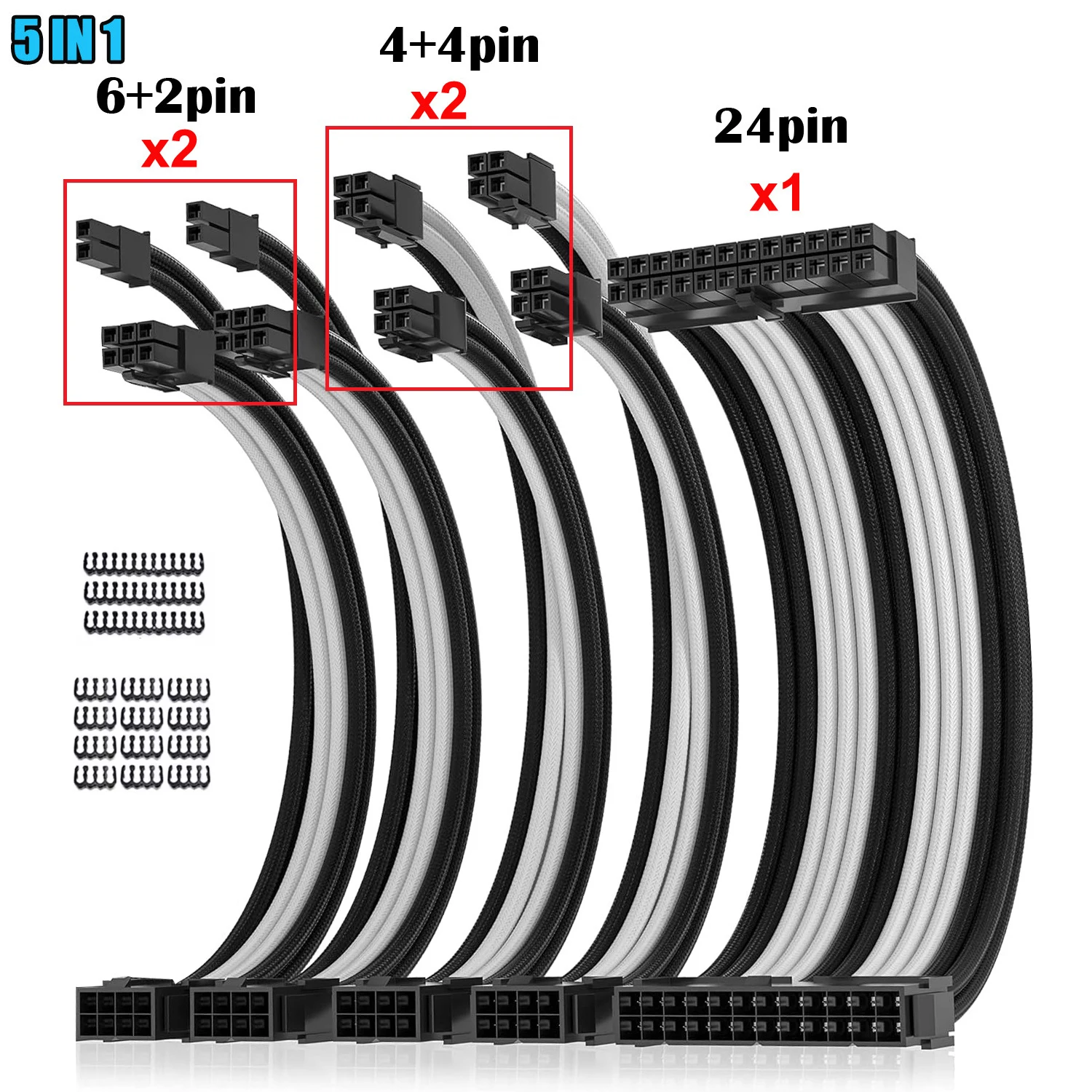 

Комплект удлинительных кабелей для блока питания: 24-контактный ATX, 8-контактный EPS, 6+2-контактный PCIe, 18AWG, в оплетке, с кабельными органайзерами для ПК (черный/белый)