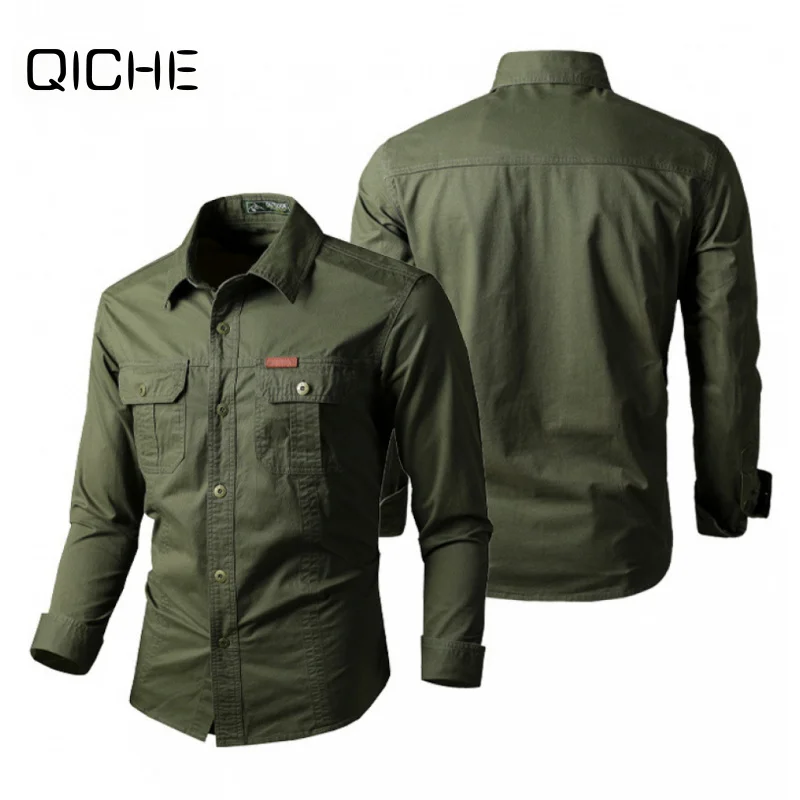 QICHE Men Clothing 2026 Cotton Long Sleeve Work Shirt, Jeep Style Outdoor Multi Pocket Casual Shirt, Male Clothes