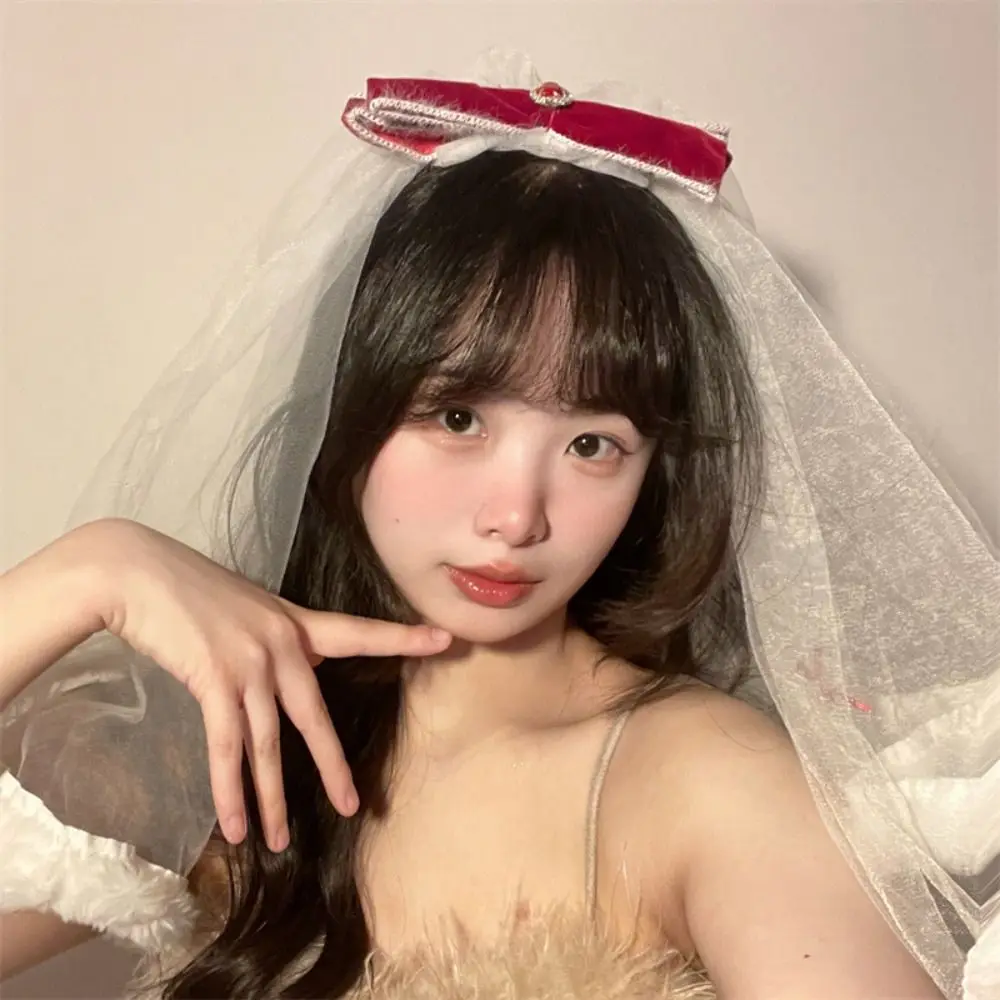 리본 롱 벨벳 보우 베일 로맨틱 신부용 화이트 헤드기어 크리스마스 헤어 클립 하트 크리스마스 헤어 액세서리