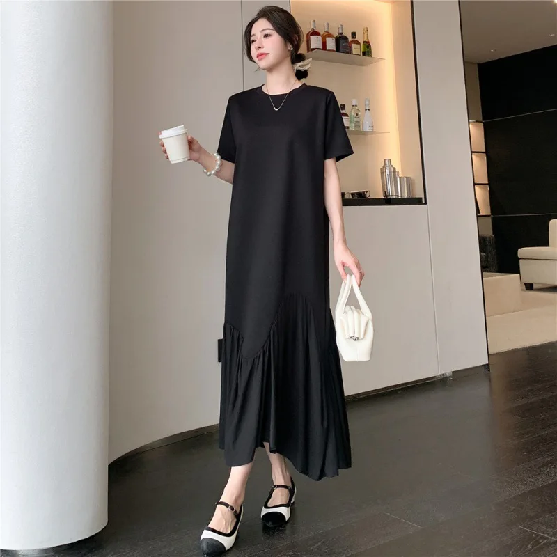 Casual Loose O-neck Solid Short sleeved Dresses Summer Women's Dress New Irregular Splicing Black Maxi Dress Woman clothing