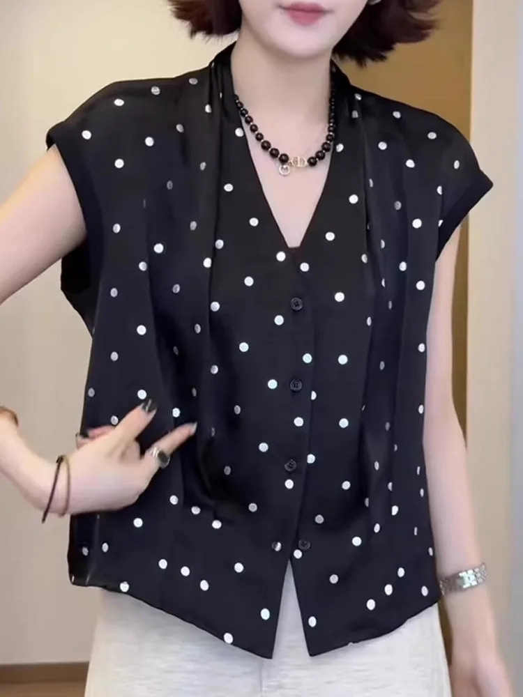 Faionable V-Ne Polka Dot Svel irt Damen-Sommer-Top mit schlankem Design, koreanische SLE-Bluse mit geradem Schnitt und Knöpfen
