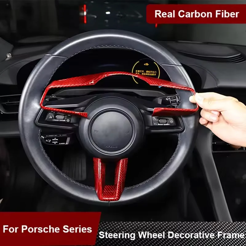 

For Porsche Panamera 911 Macan Taycan Real Carbon Fiber Texture Car Styling Interior Steering Wheel Cover Frame Decoration Trim