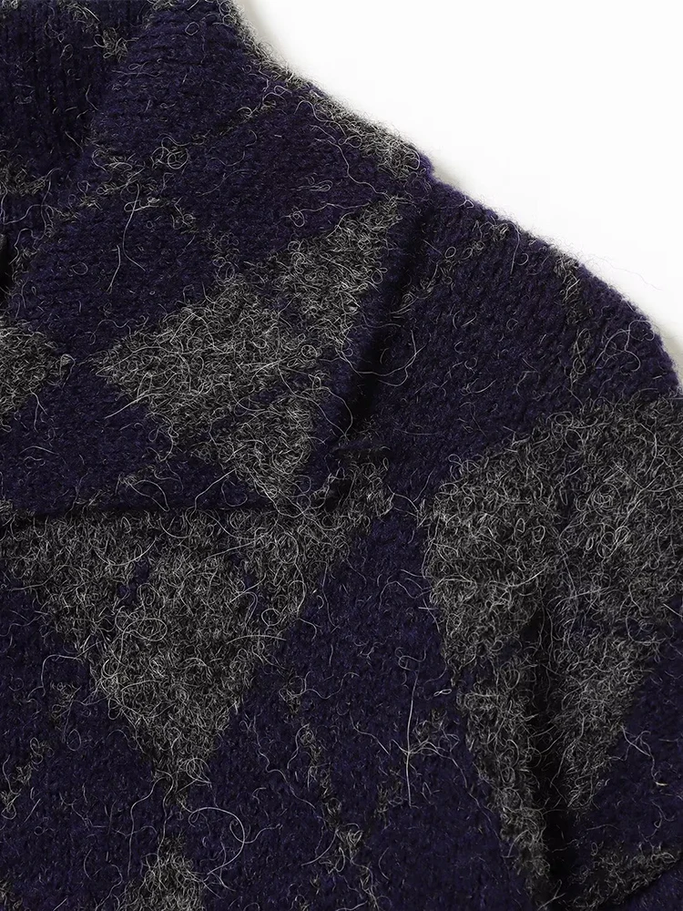 European style new women's fashionable and versatile elegant lapel long-sleeved diamond pattern knitted bomber jacket