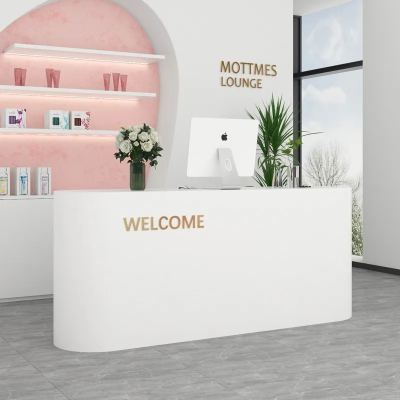 Mostradores de caja para tienda de ropa, contadores de caja de peluquería de belleza simples en forma de arco, muebles de recepción de empresa JT40C