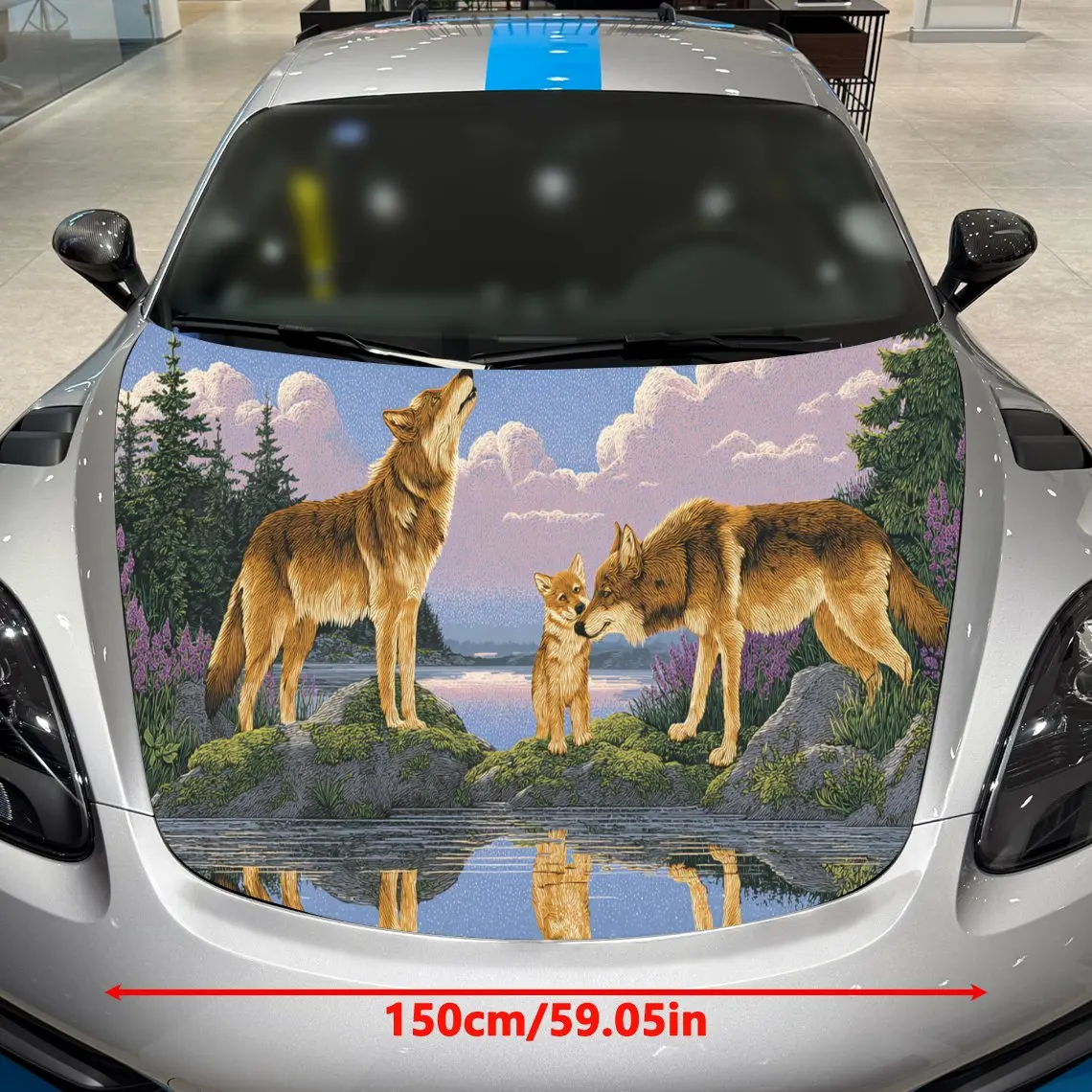 Wolf Family Lake Visual Wonder Journey PVC Car Hood Wraps, Self-Adhesive Waterproof Car Bonnet Decal Sticker, Car Decoration Pro