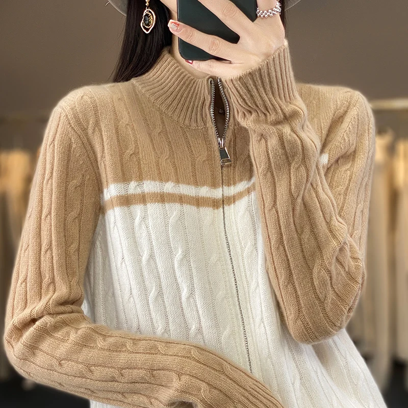 Autumn and winter new 100% merino sweater women's semi-high neck zipper cardigan knitted casual loose fashion coat