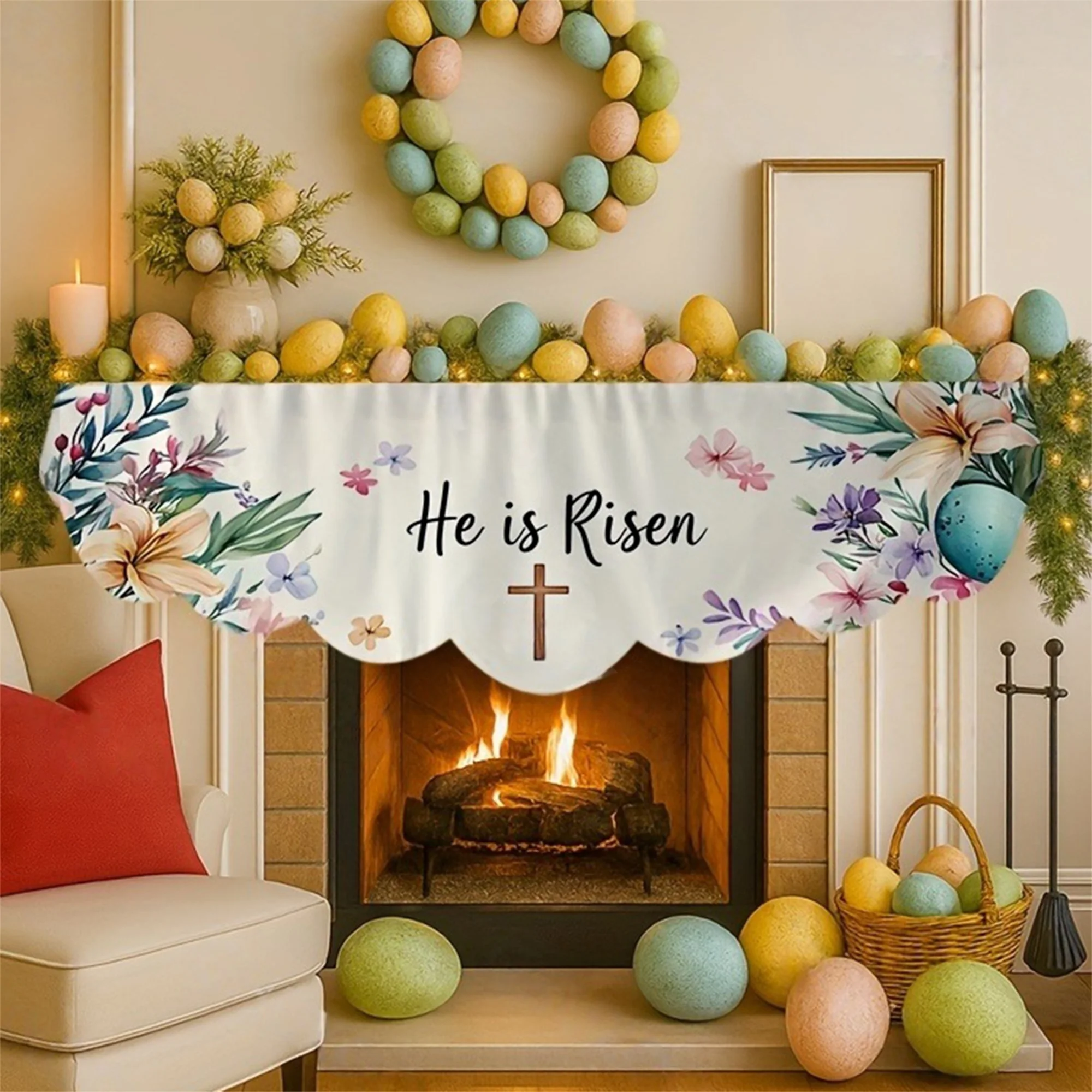 Easter Mantle Scarf Floral Cross Print Fireplace Cover for Home Festive Party Supplies
