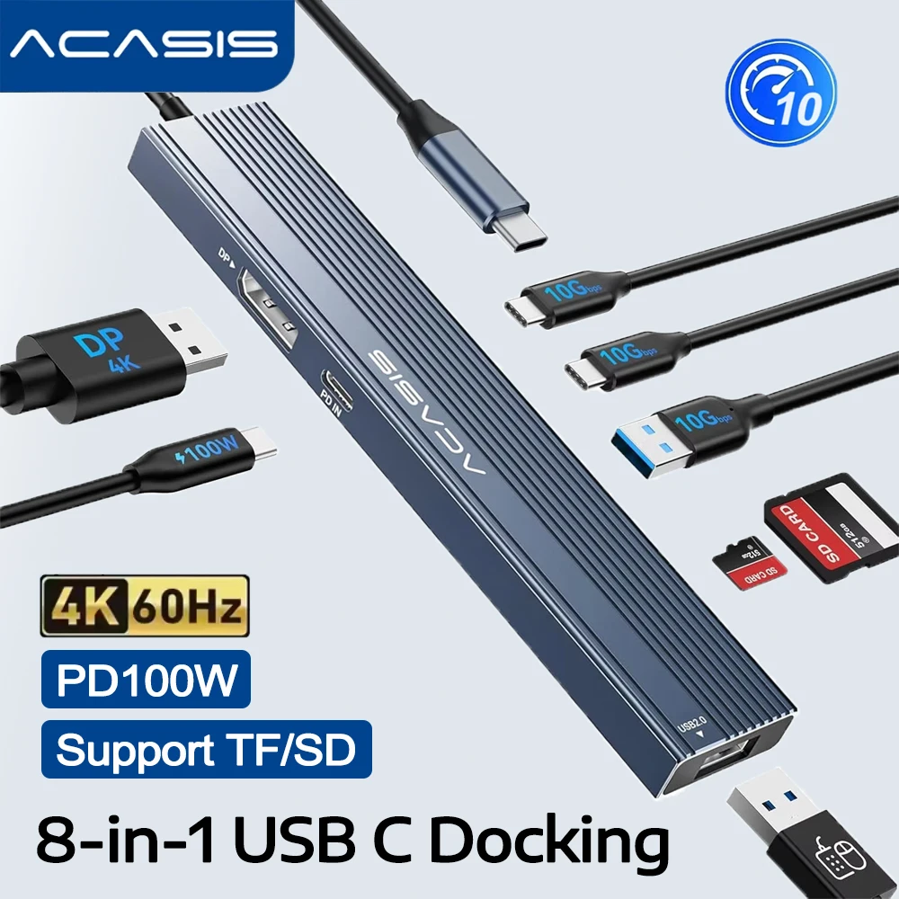 

ACASIS 8-in-1 USB C HUB with DP Port 10Gbps Multiport Adapter PD 100W 4K60Hz HDMI SD/TF USB3.2 Splitter for MacBook Laptop Dock