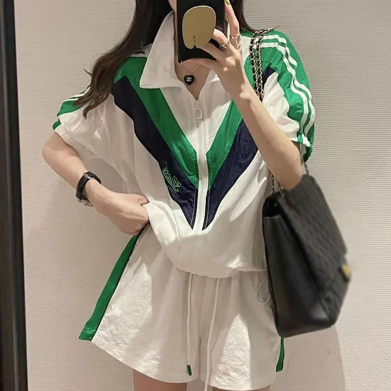 여성 의류 패션 짧은 세트, 기하학적 반바지, 루즈 운동복, 운동복 Y2K, 어린 소녀 래쉬가드, 여름 의상 