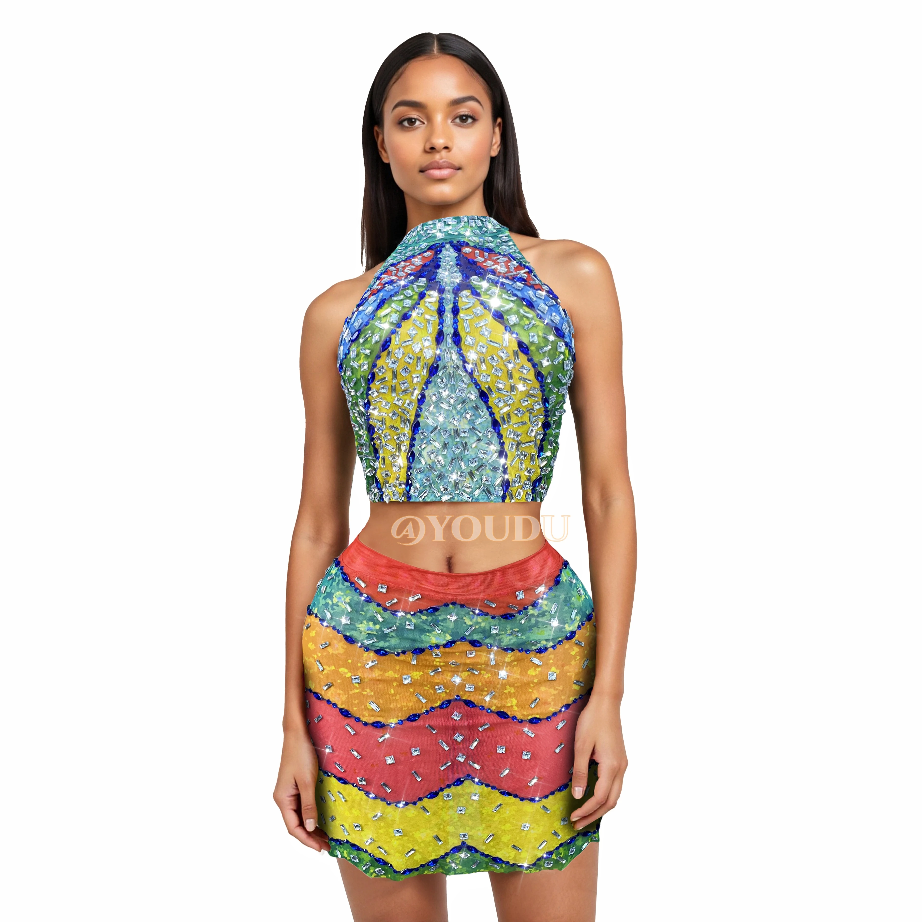 

Разноцветная майка со стразами, юбка, комплект с разрезом, певица, танцовщица, вечеринка, празднование шоу, сценический наряд Qicaiguang