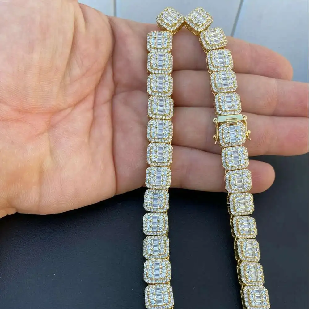 Luxury Bling Fine Jewelry Necklace 12mm 925 Sterling Silver Full Iced Baguette Moissanite Mens Hip Hop Cuban Chain Necklace.