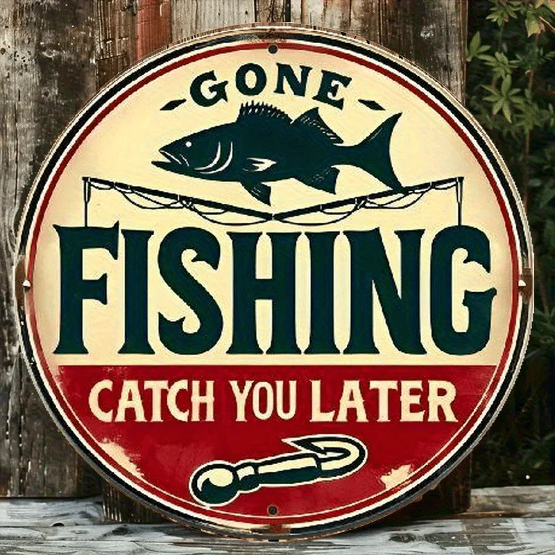 Vintage-Metallschild „Fishing, Catch You Later“ – Rustikale Aluminium-Wanddekoration mit Fisch- und Angelruten-Design, perfekt für Bars