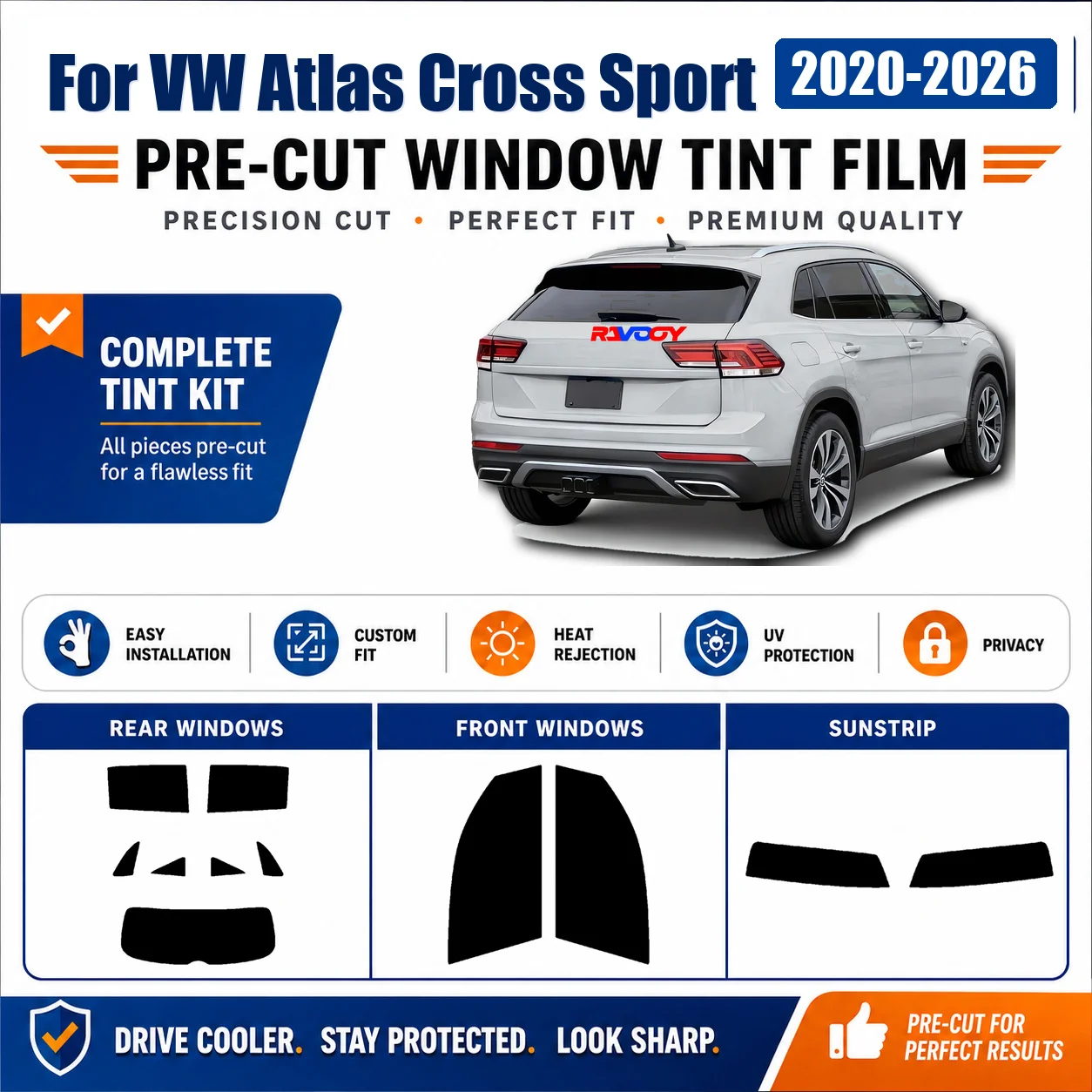 For VW Atlas Cross Sport 2020-2026 Tint Film Premium Front Rear Side Window UV Heat Rejection