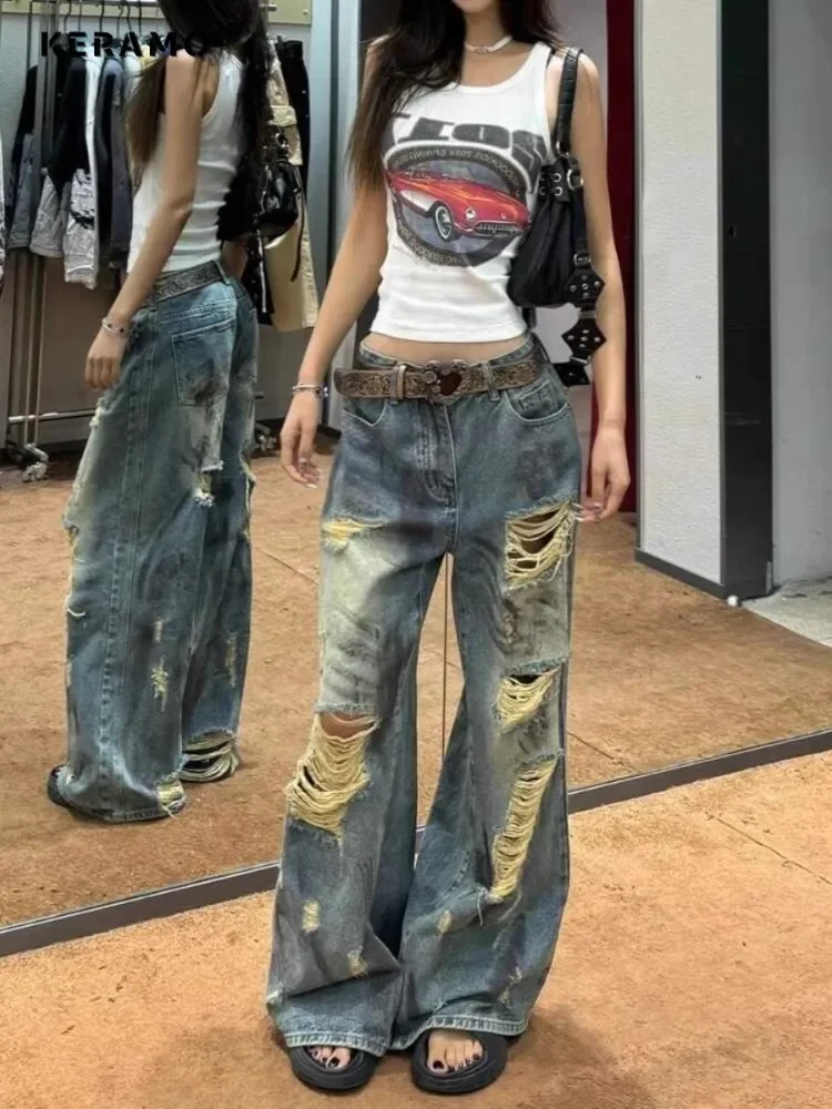 2024 Autumn Sexy Ripped Harajuku Loose Fit Jeans Y2K Hollow Out Wide Leg Hotsweet Pants Women's Vintage Baggy Denim Trouser