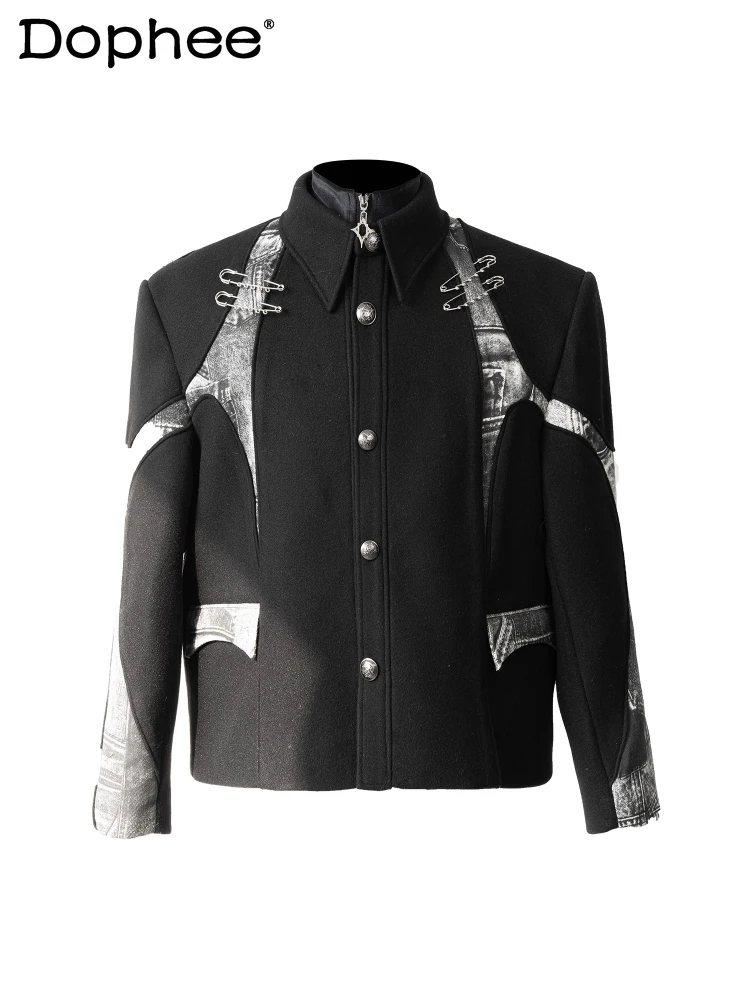 

Men's 2025 Winter New High-End Jackets Trendy Denim Splicing Quilted Thick Jackets Masculinity Pin Decoration Long Sleeve Coats