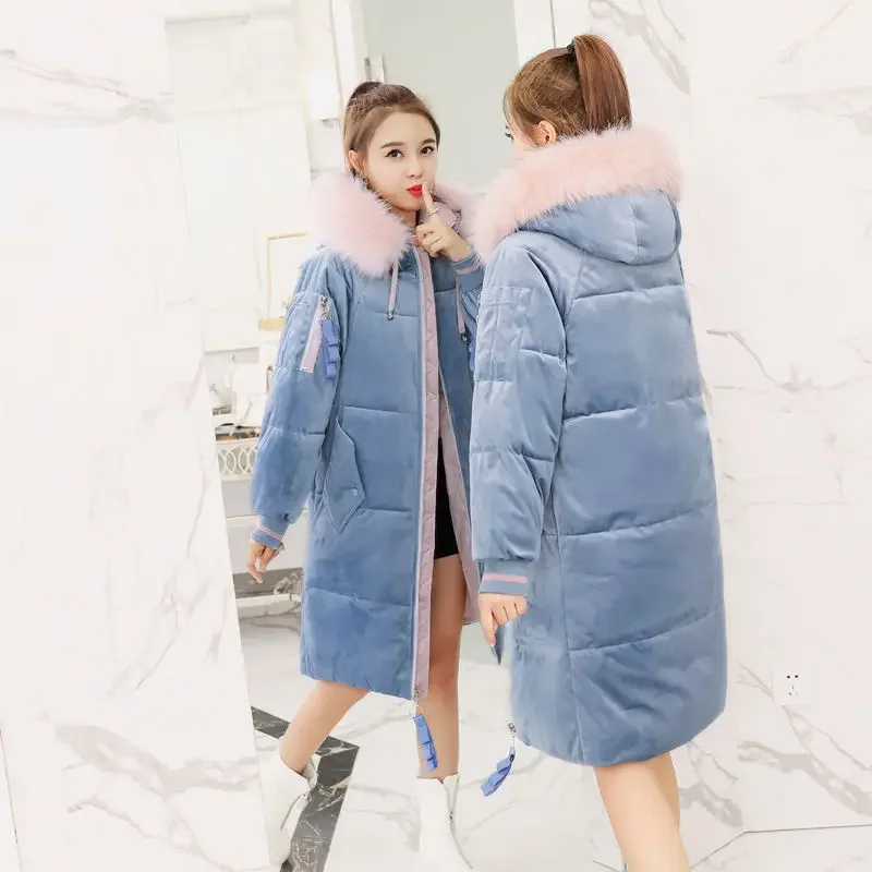 Women\'s Winter Coat Gold Velvet Jacket Parka Mid Length Hooded Jacket Warmth Free Shipping Korean Fashion Wholesale Plus Size