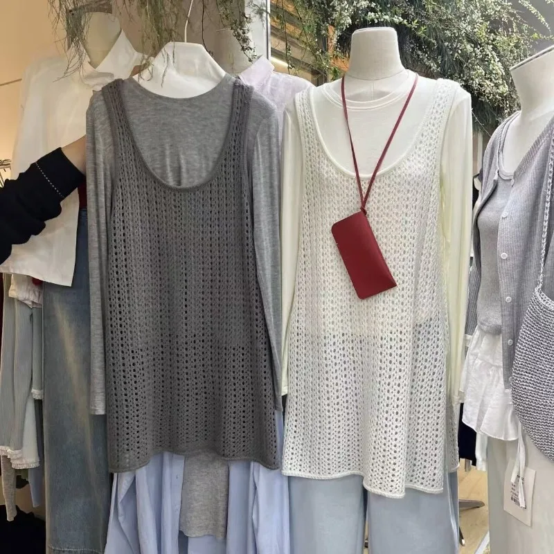 Summer Solid Round Neck Sexy Hollow Knitted Vest Women's Sleeveless Loose Korean Version Split Fork Medium and Long Blouse Top