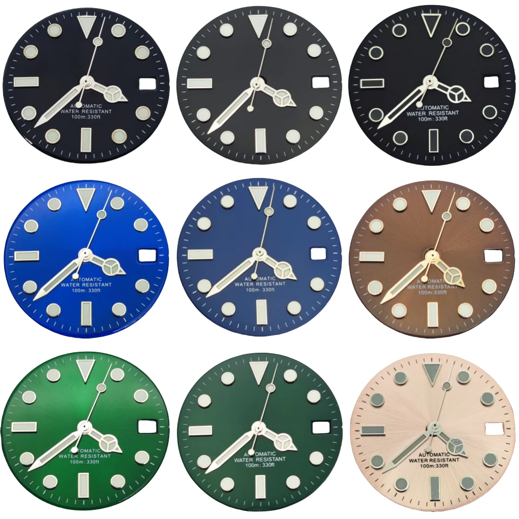 

Циферблат часов RICHUS 28,5 мм с сине-зелеными светящимися стрелками, подходит для механизмов NH34, NH35, NH36, аксессуары для часов.