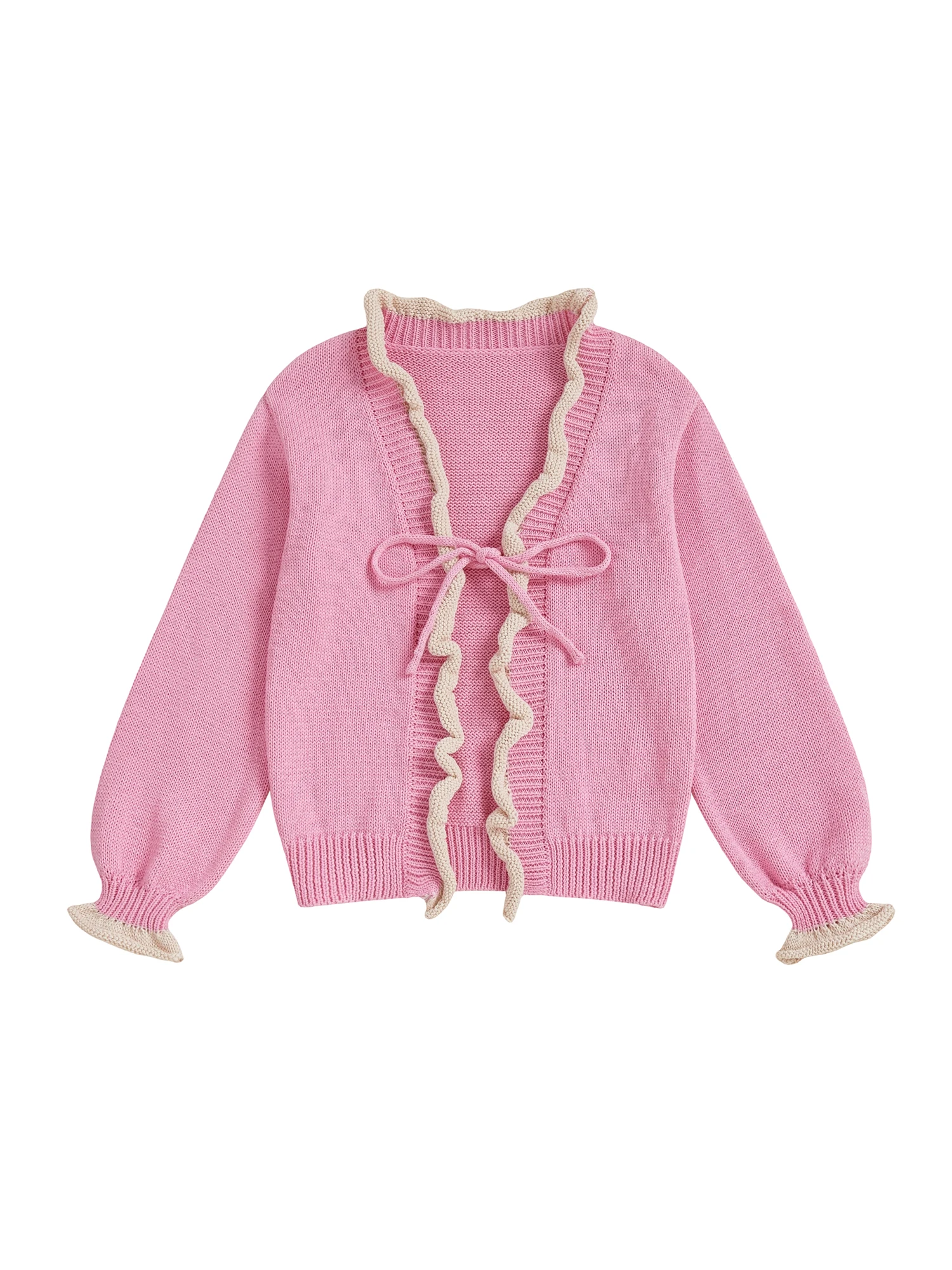 سترة صوفية متماسكة للأطفال لطيفة بأكمام طويلة ورقبة على شكل حرف V وربطة أمامية مكشكشة للارتداء اليومي #4