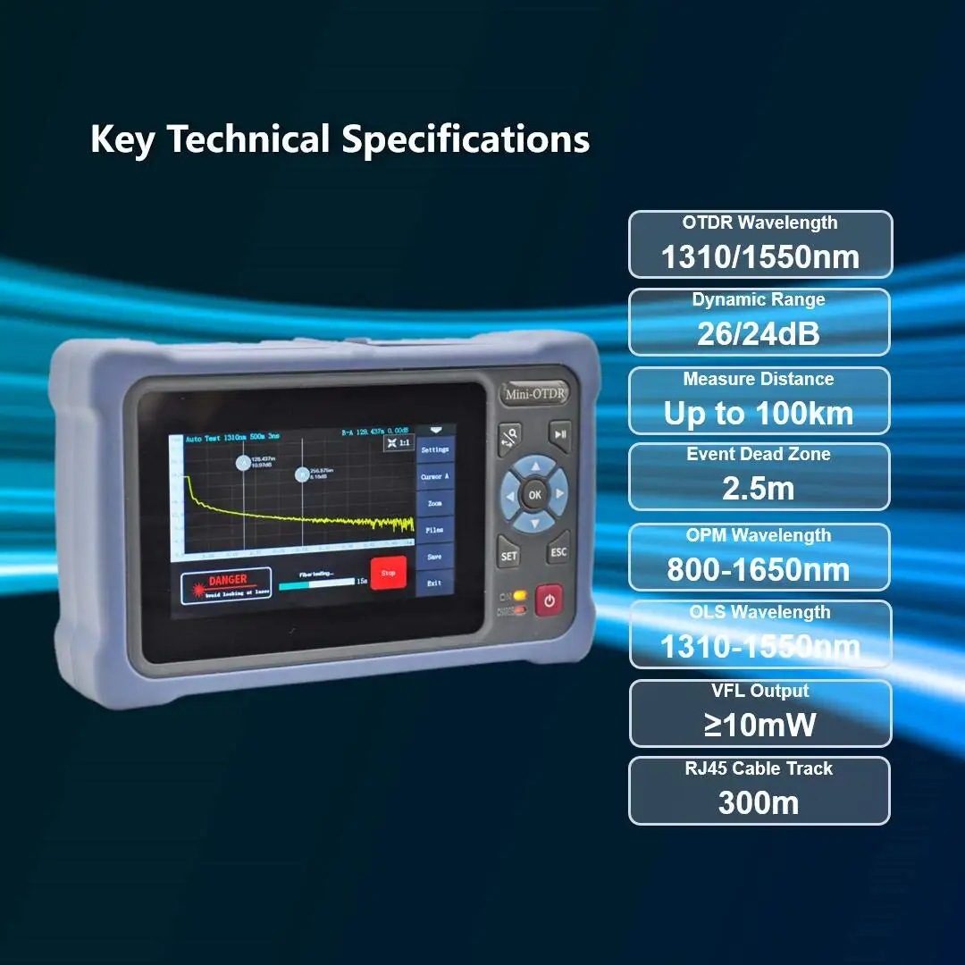 جهاز اختبار الألياف الضوئية SM 1310/1550nm 26/24dB 100 كجم مع شاشة لمس 4.3 بوصة، متعددة الوظائف
