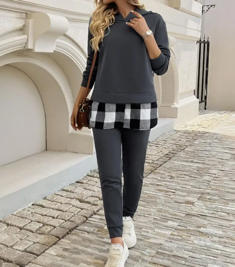 Elegant 2-Piece Sets for Women Autumn Casual Long Sleeved Patchwork Checkered Hooded Sweatshirt Casual Ankle Tied Pants Set