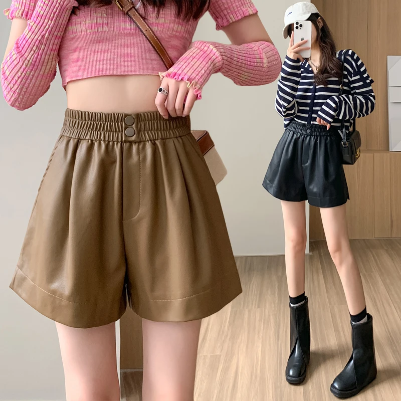 Shorts Women 2022 Vetement Femme Pantalones Cortos Short Mujer Loose PU Leather High Waisted Shorts Female Pockets Button Black