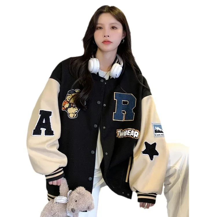 سترة بيسبول مبطنة بالصوف الرجعية المرأة فضفاضة تناسب الخريف الشتاء نمط جديد طالب الأمريكية خمر البلوز سترة