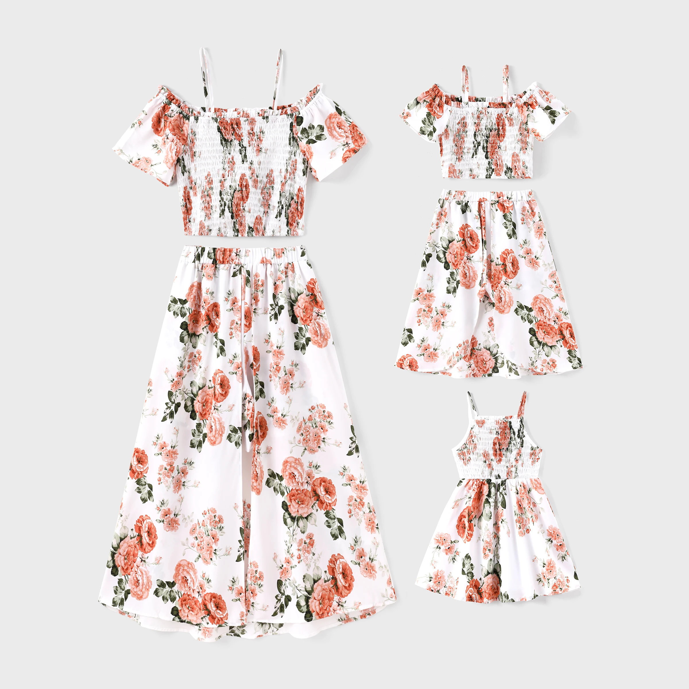 

PatPat Flora Print Smocking Strap Off Shoulder Top and Shorts Skirt 2 Pieces Co-ord Set for Mommy and Me