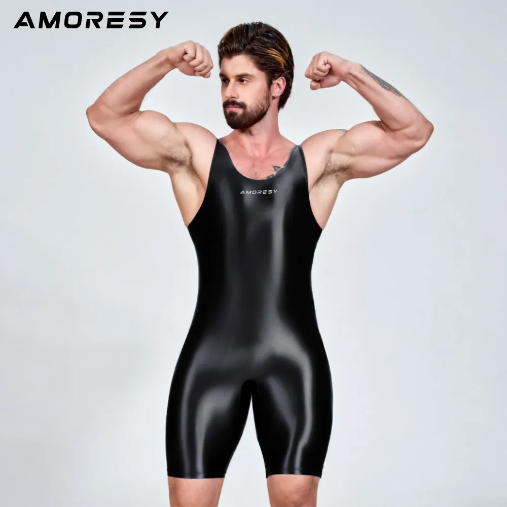 AMORESY Men Oil Elasticity One Piece Jumpsuits Sports Sleeveless Playsuits Running Yoga Sportswear Tights Quick Drying Bodysuits