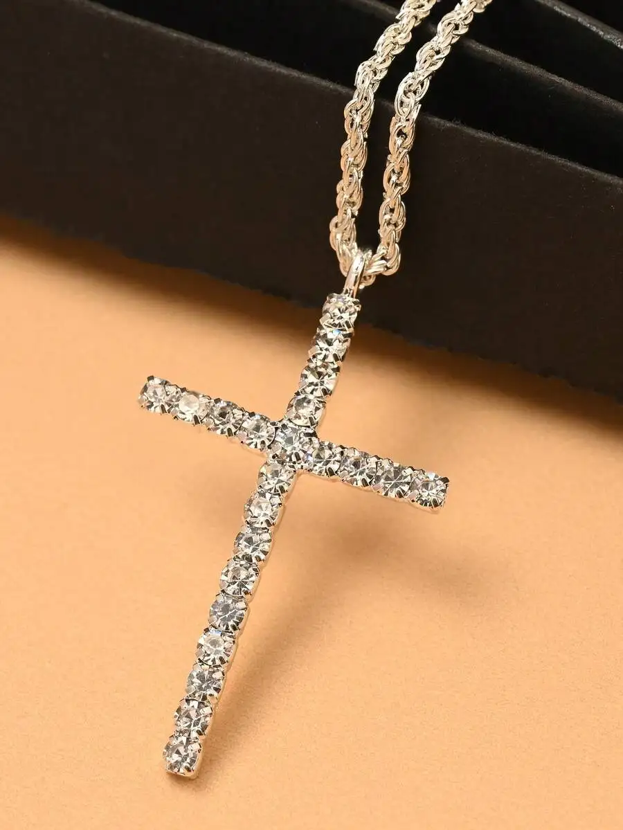 

Rhinestone Cross Pendant Necklace Copper Alloy Chain Jewelry For Adults