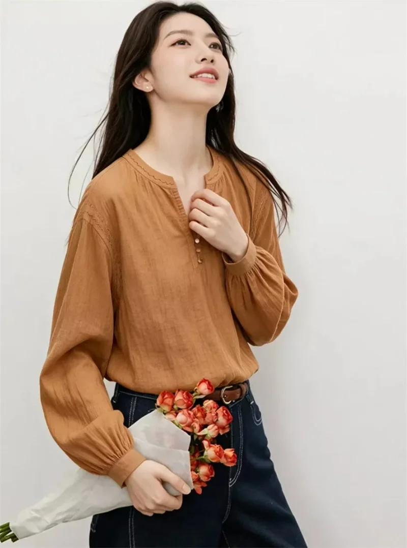 2026 New Women Caramel Blouse, Autumn New Chinese Style Stand Collar Shirt, Cotton-Feel Soft Fabric Embroidery Long Sleeve Top