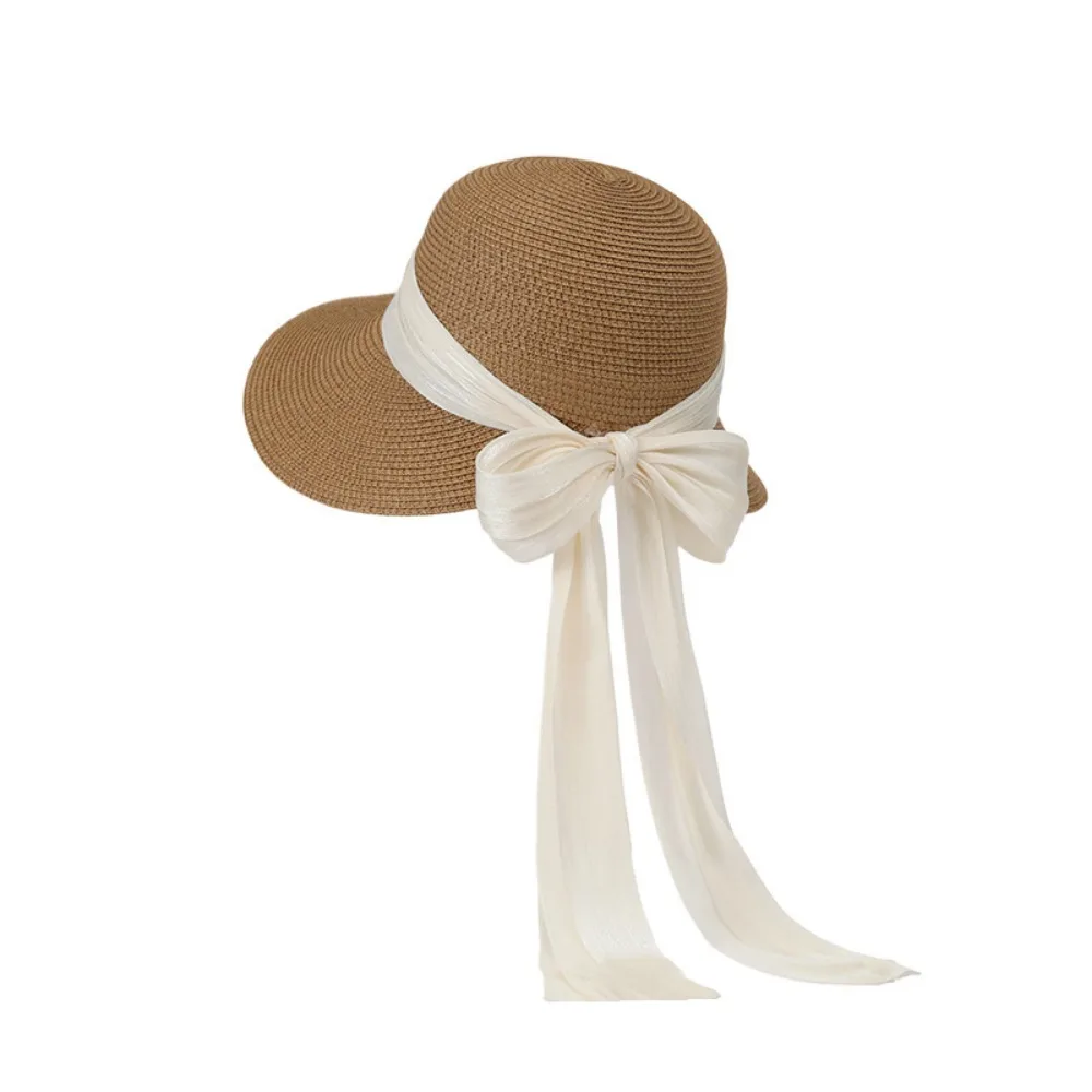 

French Style Foldable Woman's Straw Hat UV Protection Elegant Sun Protection Cap Bow Ribbon Wide Brim Straw Sun Hat Summer