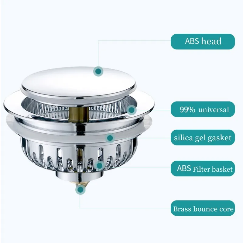 Press Bounce Basin Pop-up Drain Filter Bathroom Shower Sink Filter Plug Wash Basin Hair Sink Strainer Kitchen Bathtub Stopper