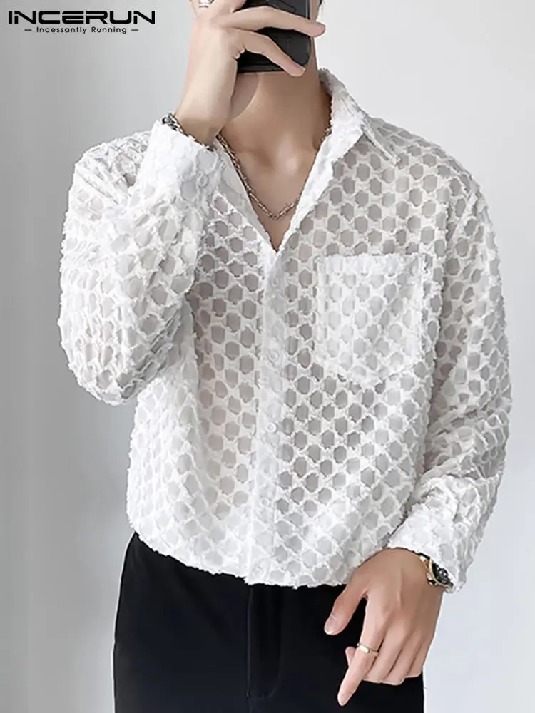 Handsome Well Fitting Men Blouse Vacation Hollow Out Stitching Male Breathable Mesh Long-sleeved Shirts S-5XL INCERUN Tops 2023