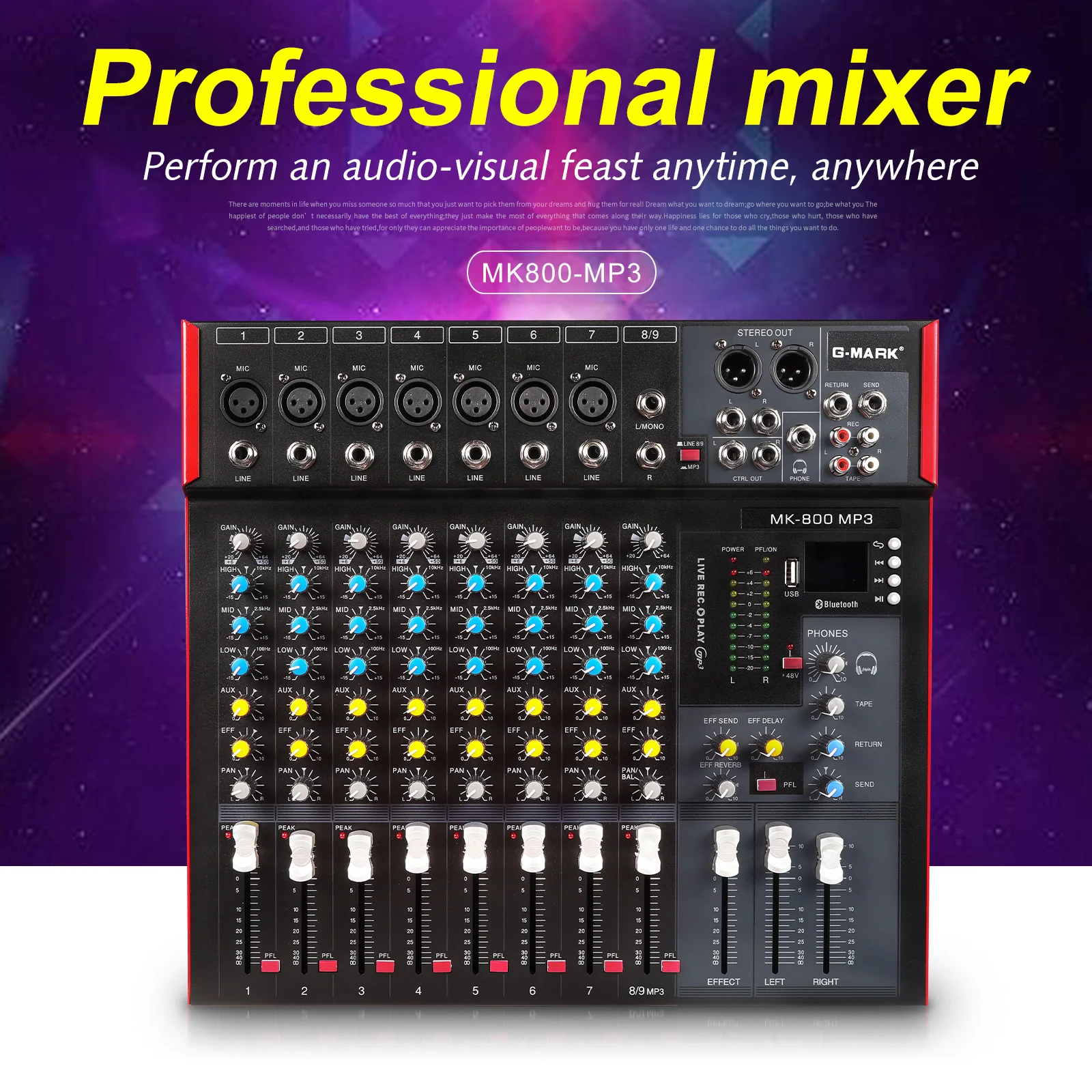 

Профессиональный аудиомикшер G-MARK MK800MP3, 8-канальная микшерная консоль с MP3-плеером, фантомным питанием +48В и цифровым USB-портом