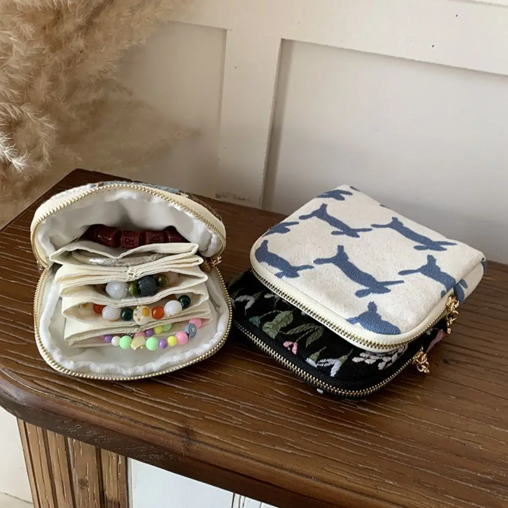 Multi-Layered Embroidered Jewelry Storage Bag Cotton Linen Ethnic Style Bracelet Display Pouch Elegant Embroidery Women's Wallet