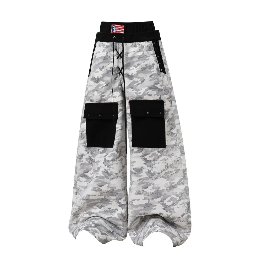 Military Patchwork Elastic Waist Vintage Gothic Camouflage Grunge Women's Cargo Jeans Pants Trousers for Women Men Streetwear